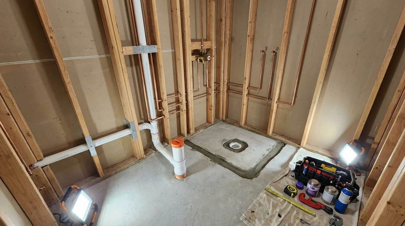Bathroom rough-in plumbing during remodel by Johns Plumbing LLC in Ontario