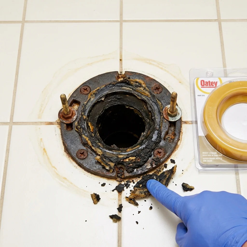 Failed wax ring showing water seepage at the base of a toilet in a Ontario, OR home