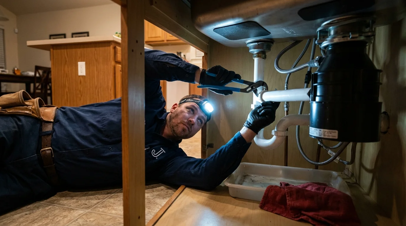 P-trap and supply line connections under a kitchen sink showing a common leak point in Ontario, OR